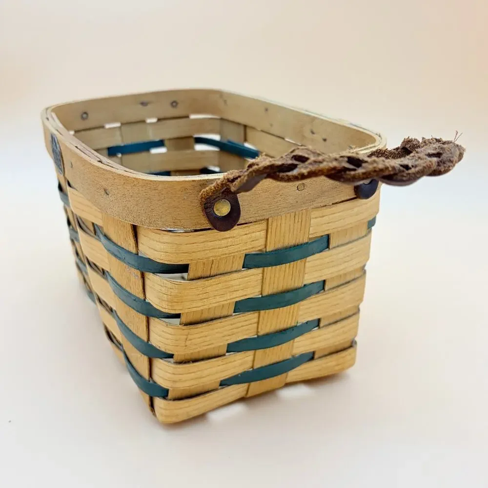 Peterboro Basket Co Woven Wood Basket Leather Handles Green Accent Vintage USA